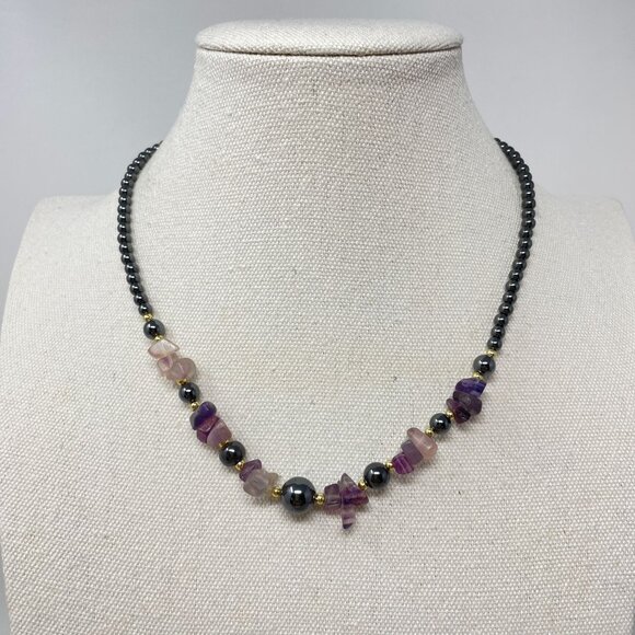 Amethyst and Hematite Beaded Necklace Vintage Natural Stone Clarity Protection - Picture 1 of 9